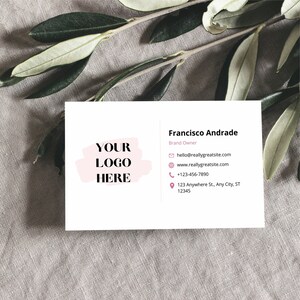 May include: A white business card with a pink logo placeholder that says "YOUR LOGO HERE". The text on the card reads "Francisco Andrade, Brand Owner, hello@reallygreatsite.com, www.reallygreatsite.com, +123-456-7890, 123 Anywhere St., Any City, ST 12345".