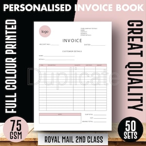 May include: A printable invoice book with a pink and white colour scheme. The book has a space for a logo, receipt number, customer details, item description, quantity, unit price, amount, notes, subtotal, VAT, and grand total. The book is designed for small businesses and includes the text "Royal Mail 2nd Class".