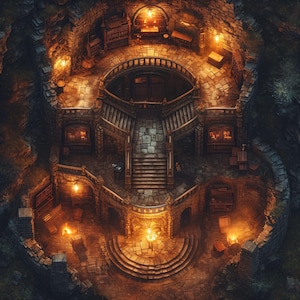 May include: An overhead view of a stone structure with multiple levels, stairs, and arched doorways. The scene is illuminated by warm, flickering lights, suggesting a medieval or fantasy setting. Bookshelves and wooden furniture are visible.