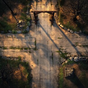 Può includere: Vista aerea di un sentiero in pietra con una forca di legno al centro. Il sentiero è circondato da erba, rocce e alberi. La forca proietta una lunga ombra sul sentiero.