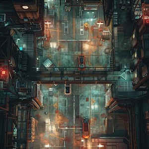 10 cyberpunk-gevechtskaarten op het dak, sci-fi, DnD-gevechtskaart, cyberpunk, D&D, Shadowrun, Roll20, Fantasy Grounds, gieterij, VTT, digitale AI-kaart
