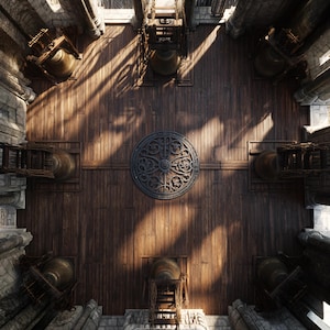 Può includere: Vista dall'alto di un interno di cattedrale con pavimenti in legno e pareti in pietra. Grandi campane di bronzo sono montate sulle pareti. Un emblema circolare decorativo è centrato sul pavimento. La luce del sole attraversa la struttura.