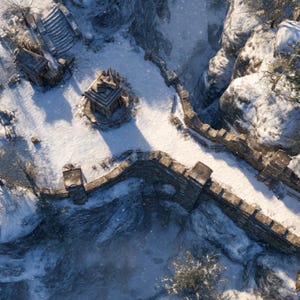 Könnte beinhalten: Luftaufnahme einer schneebedeckten Landschaft mit einer Steinmauer, die sich an einem Berghang entlang schlängelt. Ein kleines Holzgebäude und ein Steinturm sind zu sehen, mit einem Weg durch das verschneite Gelände. Die Szene wird von Sonnenlicht erhellt.