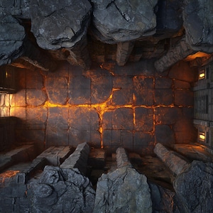 Può includere: Vista dall'alto di una caverna di pietra con un bagliore simile alla lava. Le pareti e il pavimento sono costituiti da blocchi di pietra grigio scuro, con un bagliore arancione-giallo brillante che emana dalle crepe. Grandi formazioni rocciose in primo piano.