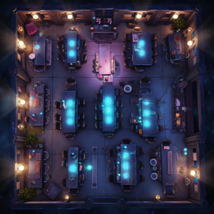10 slagkaarten voor cyberpunkfaciliteit, sci-fi, DnD-gevechtskaart, cyberpunk, D&D, Shadowrun, Roll20, Fantasy Grounds, gieterij, VTT, digitale AI-kaart