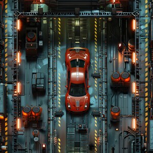 10 Cyberpunk Garage/Chop Shop Battlemaps, Sci Fi, Cyberpunk, D&D, Shadowrun, Battle Map, Roll20, Fantasy Grounds, VTT, AI digitale kaart
