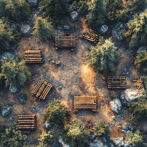 Può includere: Vista aerea di un pavimento forestale con piccole strutture in legno fatte di tronchi. Le strutture sono disposte tra rocce, terra e macchie di fogliame verde. La scena è illuminata dalla luce solare, creando ombre e riflessi.