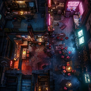 10 cyberpunk restaurant/tavern Battlemaps, Sci Fi, Cyberpunk, D&D, Shadowrun, Battle Map, Roll20, Fantasy Grounds, VTT, AI digitale kaart