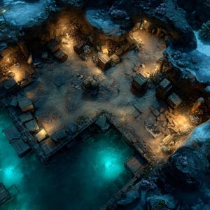 Può includere: Una vista aerea di una scena fantasy con una piscina turchese, strutture in legno e sentieri di pietra. Casse di legno e lanterne sono sparse per la scena, con un ingresso a una grotta sullo sfondo. L'illuminazione crea un effetto drammatico.