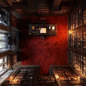 May include: An overhead view of a library with dark wooden bookshelves, a desk, and a red wall. The desk has books, papers, and a globe. The bookshelves are filled with books and lit by warm lights, creating a cozy atmosphere.