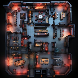12 Cyberpunk Corpo Office Battlemaps, Sci Fi, DnD Battle Map, Cyberpunk, D&D, Shadowrun, Roll20, Fantasy Grounds, VTT, AI digitale kaart