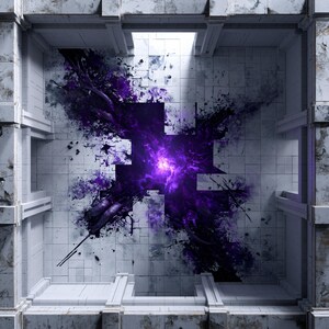 May include: A top-down view of a white tiled architectural structure featuring a central square void. A vibrant, glowing purple energy burst emanates from the center, with dark purple ink-like splatters spreading across the surrounding white tiles.