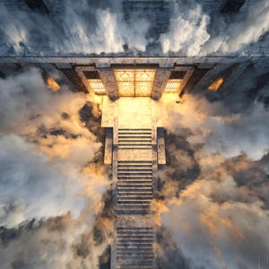 Può includere: Vista aerea di una scala in pietra che conduce verso l'alto, incorniciata da una struttura in pietra e circondata da nuvole. La parte superiore della scala è illuminata da una calda luce dorata.