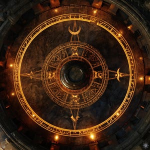 May include: A circular stone floor featuring an intricate, glowing orange design with concentric rings, celestial symbols, and geometric patterns. The center contains a dark, recessed circular basin surrounded by radiating lines and ancient markings.