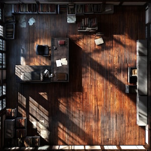 Può includere: Vista dall'alto di un ufficio vintage con pavimenti e pareti in legno scuro. Una scrivania con sedia, libri e un computer si trova al centro. La luce del sole entra dalle finestre, proiettando ombre nella stanza. Le librerie costeggiano le pareti.