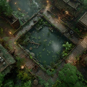 Può includere: Una vista aerea di un villaggio con passerelle e edifici in legno che circondano uno stagno centrale. Abbondante vegetazione e verde, con un'enfasi sull'ambiente naturale e l'architettura rustica. La scena è illuminata da una luce soffusa e calda.