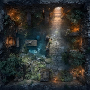 Può includere: Vista dall'alto di una struttura in pietra con un elemento d'acqua. La luce soffusa illumina un sentiero che conduce a delle scale. Lussureggiante vegetazione e piccole luci creano un'atmosfera mistica. La scena evoca mistero e avventura.