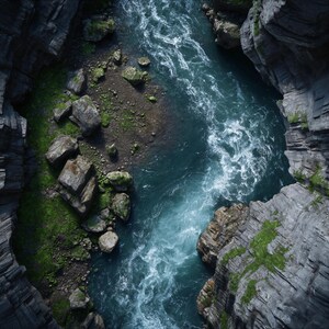 Può includere: Vista aerea di un fiume turchese profondo che scorre attraverso un canyon roccioso. Grandi massi grigi e chiazze di muschio verde costeggiano il fiume. L'acqua è turbolenta, creando schiuma bianca.