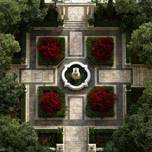 Può includere: Vista aerea di un giardino formale con una fontana centrale. Il giardino presenta un design simmetrico con cespugli di fiori rossi, siepi verdi e sentieri in pietra. Gli alberi incorniciano il perimetro del giardino.