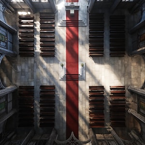Può includere: Vista aerea dell'interno di una chiesa con file di banchi in legno ai lati di un lungo tappeto rosso che conduce a una piattaforma rialzata. Il pavimento in pietra e le alte finestre ad arco creano un senso di grandezza.