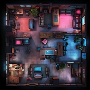 14 cartes de combat d'appartements cyberpunk, science-fiction, carte de combat du D&D, cyberpunk, D&D, Shadowrun, Roll20, Fantasy Grounds, fonderie, VTT, carte numérique IA