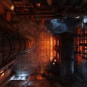 May include: An overhead view of an industrial interior with brick walls and metal pipes. The scene is lit with warm orange and cool blue tones, suggesting a steampunk or fantasy setting. A large cylindrical structure dominates the scene.