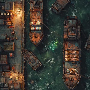 10 Cyberpunk River Battlemaps, Sci Fi, Cyberpunk, Battle map, D&D, Shadowrun, Roll20, Fantasy Grounds, Foundry, VTT, AI digitale kaart