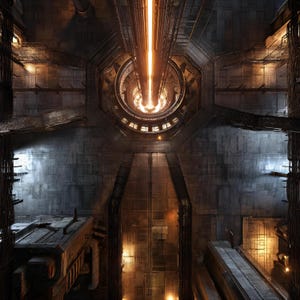 May include: A dark, industrial interior space featuring a central circular aperture emitting a bright, vertical orange beam of light. The surrounding structure is composed of gray, metallic panels, complex piping, and recessed lighting fixtures.