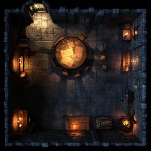 May include: Overhead view of a dungeon room with stone walls and floor. A round table with chairs sits in the center, covered with maps and papers. Lit torches and lanterns provide warm light, illuminating barrels, a fireplace, and other details.