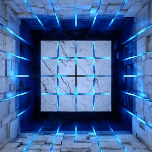 May include: An abstract architectural design featuring a square central structure composed of marble-like tiles. The surrounding walls are constructed from textured stone blocks, illuminated by vibrant blue neon lights, creating a futuristic aesthetic.
