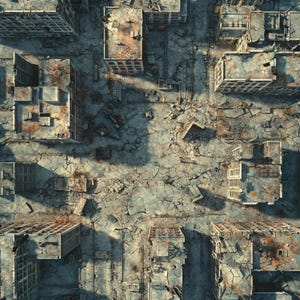 10 Cyberpunk City Ruins Battlemaps, Sci Fi, Cyberpunk, Battle map, D&D, Shadowrun, Roll20, Fantasy Grounds, Foundry, VTT, AI digitale kaart