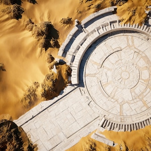 May include: Aerial view of a large, circular, light-colored structure with concentric rings and radial lines, resembling a futuristic architectural design. The structure is set against a backdrop of a sandy desert landscape with small, brown-colored vegetation.