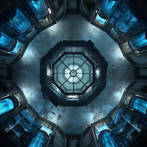 May include: A symmetrical interior view of a circular room featuring an octagonal central skylight and eight vertical cylindrical glass chambers arranged around the perimeter, each emitting a bright blue light against a dark, weathered concrete wall.
