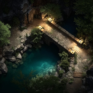 Night River Bridge, DnD Battle Map, Pathfinder, D&D, Battlemap, Dungeons and Dragons, Roll20, Fantasy Grounds, Foundry, VTT, AI Digital Map