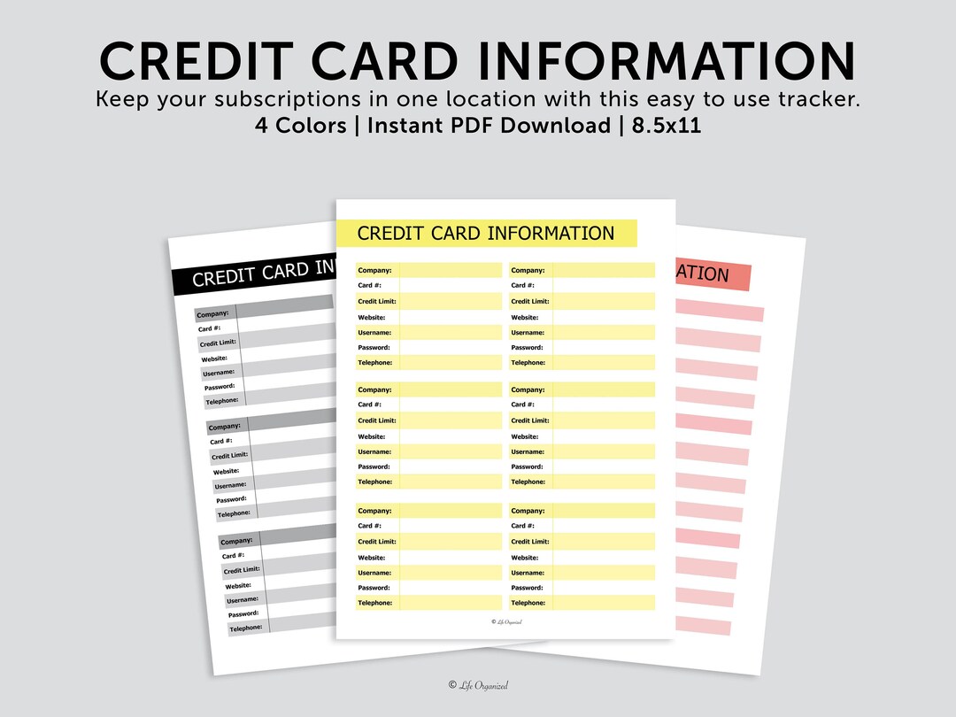 Info Tracking Cards.pdf Credit Card Information Tracker - Etsy