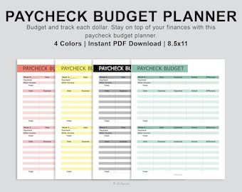 May include: Four printable budget planner pages in pink, yellow, gray, and green. Each page has a section for weekly income and expenses, with columns for date, expected amount, actual amount, and difference.