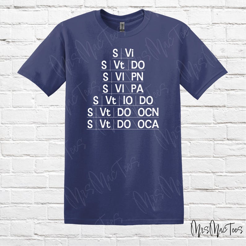 May include: Navy blue t-shirt with a white graphic design. The design features a pyramid of text, with the words "S Vi", "S Vt DO", "S Vi PN", "S Vi PA", "S Vt IO DO", "S Vt DO OCN", and "S Vt DO OCA".