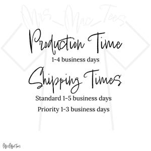 May include: A black and white text graphic with the words "Production Time" and "Shipping Times". The text states that production time is 1-4 business days and shipping times are 1-5 business days for standard shipping and 1-3 business days for priority shipping.
