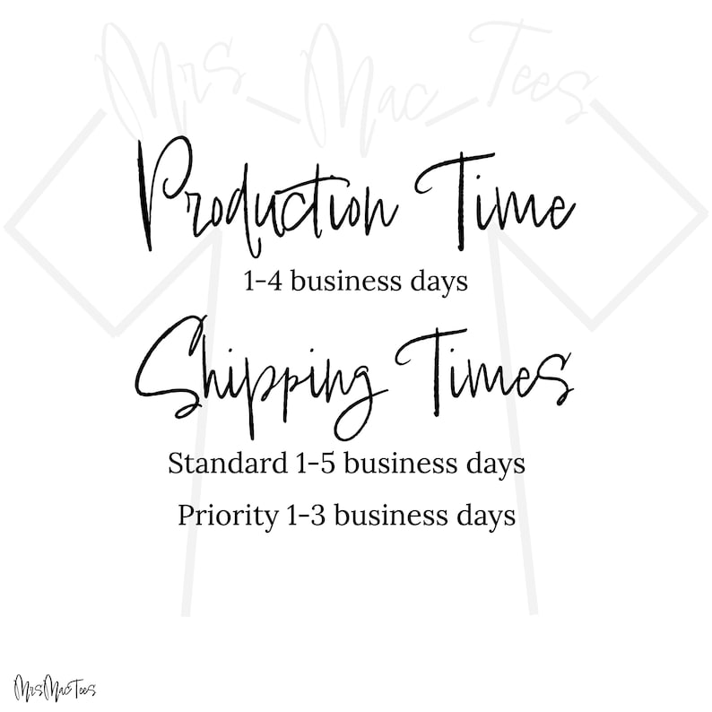 May include: White background with black script text. The text reads "Production Time" followed by "1-4 business days." Below, "Shipping Times" is written, with "Standard 1-5 business days" and "Priority 1-3 business days" underneath.