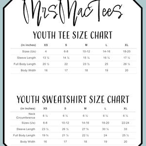 May include: Youth tee and sweatshirt size chart in inches. The chart shows sizes for XS, S, M, L, and XL. The chart includes measurements for neck circumference, sleeve length, full body length, and body width.