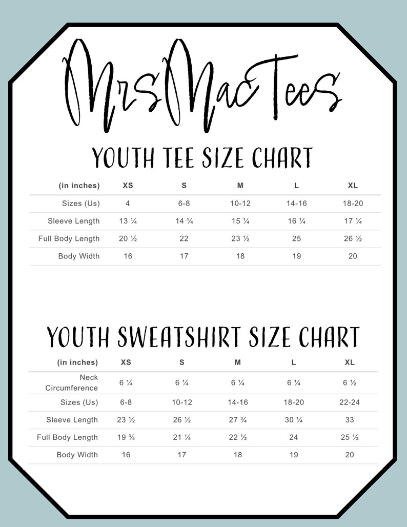 May include: Youth tee and sweatshirt size chart in inches. The chart shows sizes for XS, S, M, L, and XL. The chart includes measurements for neck circumference, sleeve length, full body length, and body width.