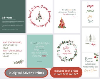 Advent Printable Wall Art Collection, Christmas printable, digital 8x10 wall art, Vintage color Christmas, scripture Advent hymns quote