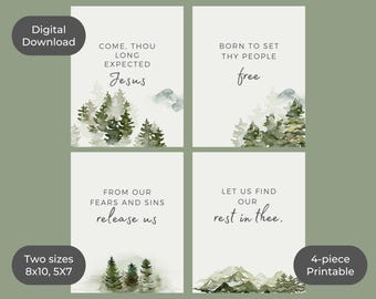 Advent Wall Art Christmas printable art, Come Thou Long Expected Jesus Christmas Hymn, digital 8x10 wall art, Mountain Christmas Rustic, 5x7