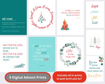 Advent Printable Wall Art Collection; Fun Christmas printables;  Bright colors Christmas prints, scripture Advent hymn