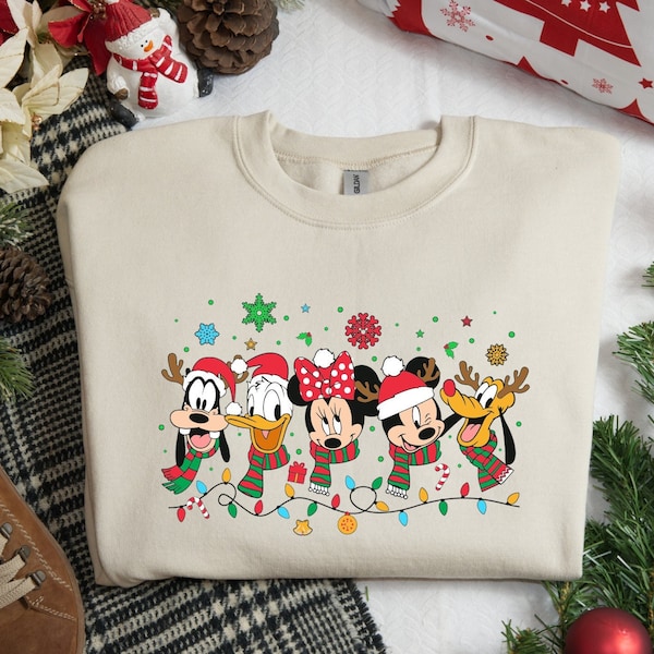 Disney Friends kerstsweater, Mickey Minnie Mouse kerstlichtsweatshirt, Donald Duck kersthoodie, Disney kersttrui