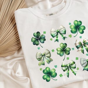 Coquette St. Patrick&#39;s Day Bow Sweatshirt, Shamrock Bow Tee, Lucky Clover Sweater, St. Patty&#39;s Day Apparel, Festive Irish Clothing For Women