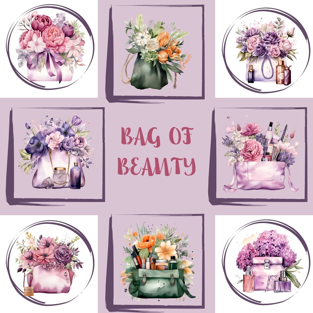 Watercolor Bag of Beauty Clipart, Floral Purse Png, Vintage Purse