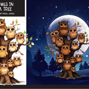 Bouquet de hiboux dans les arbres Clipart Halloween