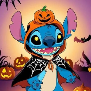 以下が含まれることがあります： ハロウィンのために吸血鬼に扮した青い漫画のキャラクター。キャラクターはクモの巣模様の黒いマントとオレンジ色のカボチャの帽子をかぶり、友好的な笑顔をしています。キャラクターはジャック・オー・ランタンの顔をしたカボチャに囲まれています。