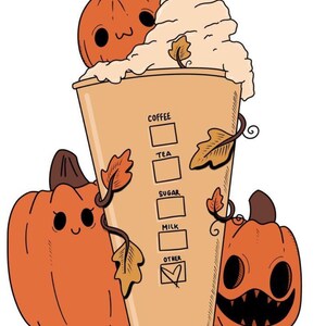 Puede incluir: Una ilustración de dibujos animados de un latte de especias de calabaza con crema batida y tres calabazas. La taza de latte tiene una etiqueta que dice "Café, Té, Azúcar, Leche, Otro".